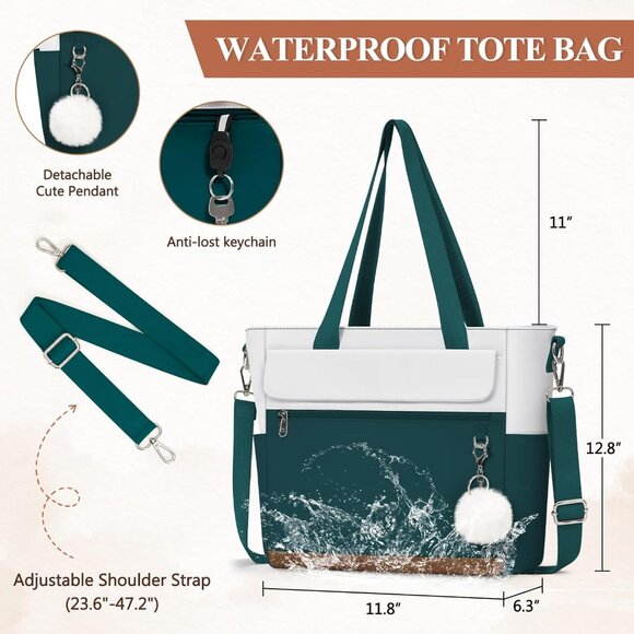 Women Dark Green With White Multi-Pocket Waterproof Canvas Tote Bags with Zipper - Picture 2 of 6